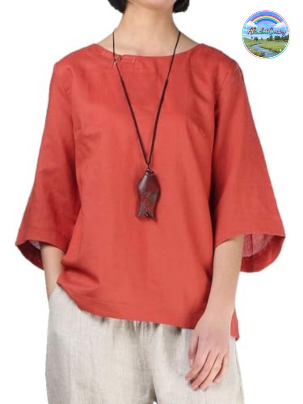 Linen Blouse 3/4 Sleeve Round Neck Loose Fit Women's Shirt Top